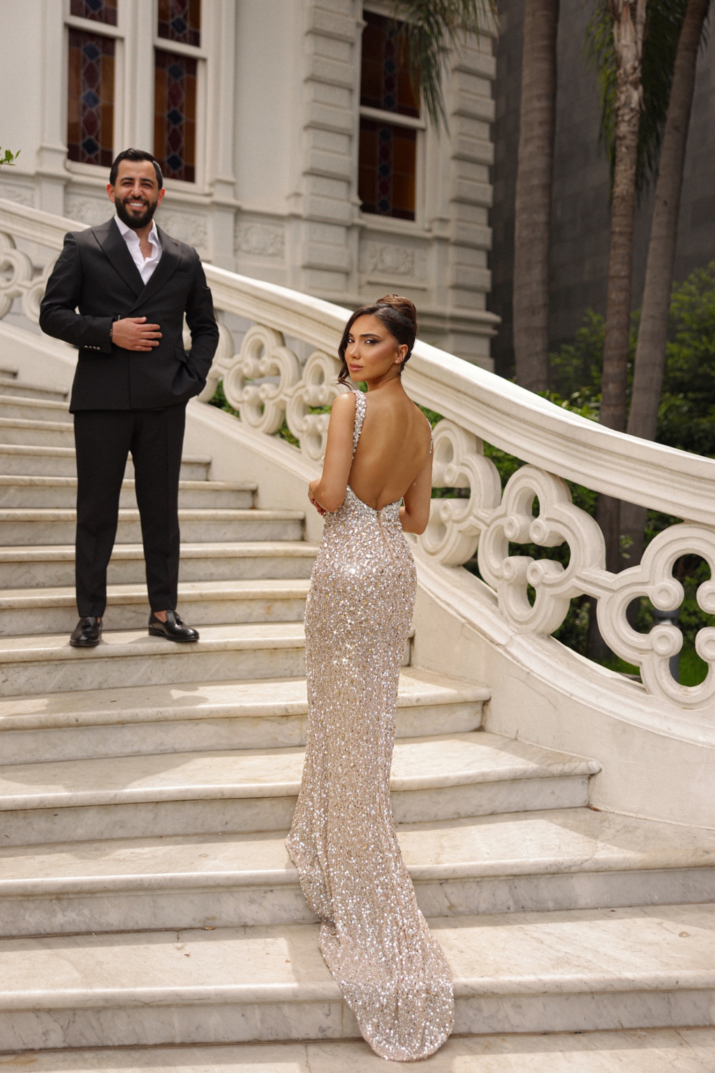 Wedding couple on grand staircase